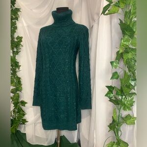 Blue Rain Green Ribbed Turtleneck Sweater Dress